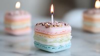 Colorful macaron birthday cake with lit candle on marble surface, pastel layers of pink, yellow, and blue with sprinkles for celebration.