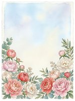 Watercolor floral frame with pink peonies and green leaves on pastel background for wedding invitations, greeting cards and romantic designs.