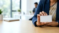 Businessman in navy blazer holding blank white business card at wooden desk in modern office with colleagues in background and natural window light.