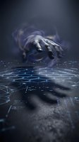 Ghostly hands reaching through digital network grid with glowing connections and mystical smoke effects on dark background for supernatural technology concepts.
