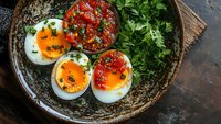 Halved boiled eggs topped with red caviar and fresh herbs served on rustic ceramic plate, gourmet appetizer with vibrant colors and garnish.
