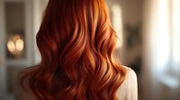 Young woman with long wavy copper red hair shown from behind, wearing white sweater against blurred interior background with soft bokeh lights.