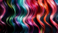Vibrant multicolored wavy hair strands in rainbow hues against dark background, featuring pink, turquoise, orange, and purple tones flowing in vertical waves.