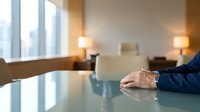 Professional businessman sitting at modern conference table in corporate office with city view and warm lighting for business meetings.