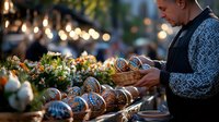 Senior Caucasian man in traditional sweater selling decorated Easter eggs at holiday market stall with spring flowers and festive bokeh lights in evening.