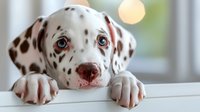 Adorable Dalmatian puppy with bright blue eyes resting chin on surface, looking up with innocent expression against soft bokeh background. Close up portrait.
