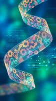 Glowing neon DNA helix with colorful business icons, gears, and circuit patterns on blue digital background. Represents innovation, technology, and data science.