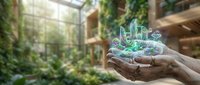 Hands holding holographic Earth globe with green plants in sustainable greenhouse environment for environmental conservation and eco-friendly technology concepts.