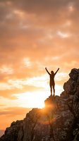 Woman silhouette standing on rocky mountain peak with arms raised against dramatic golden sunset sky, symbolizing freedom and achievement.