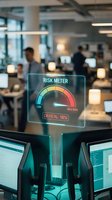 Digital risk meter hologram displaying critical 98% warning level floating above modern office workspace with business professionals working on computers.