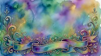 Watercolor background with decorative floral border and blank ribbon banner, featuring purple, blue, and green hues for greeting cards.