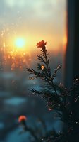 Single red flower silhouetted against golden sunset sky with magical bokeh light effects and glowing particles creating dreamy atmospheric nature scene.