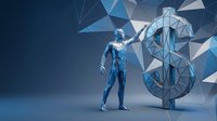 Blue metallic humanoid figure standing next to large dollar sign symbol with geometric polygonal background for financial technology concepts.