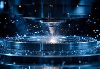 Sparks and metal particles fly during industrial laser cutting process on circular metal surface with dramatic blue lighting and bokeh effects in manufacturing setting.