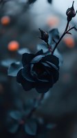 Mysterious black rose with water drops in moody dark blue atmosphere, orange bokeh lights in background create dramatic garden scene. Suitable for gothic design.