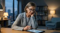 Mature woman with blonde hair and glasses wearing gray cardigan sitting at desk with tablet, looking thoughtful in modern office with city skyline view, suitable for business, technology, and professional concepts.