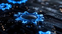Glowing blue gear wheel icon on computer circuit board with bokeh effect, representing digital transformation and automated technology solutions.