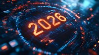 Glowing orange 2026 number in futuristic digital circle with binary code pattern on dark blue background. Modern technology concept for business presentations.