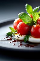 Fresh mozzarella caprese salad with cherry tomatoes, basil leaves and balsamic reduction on dark plate, macro food photography with water drops.