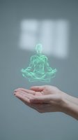 Holographic meditation figure floating above open hands representing mindfulness, wellness technology, spiritual healing and mental health concepts.