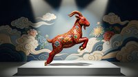 Red ornate goat sculpture with golden patterns leaping through stylized clouds on display platform, traditional Asian art style for cultural celebrations.
