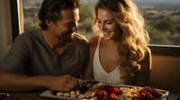Young Caucasian couple sharing romantic dinner with fruits and snacks in warm evening light, laughing together while enjoying intimate moment in cozy setting.
