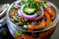 Fresh vegetable salad with cucumber, tomato, red onion, and herbs in glass jar, dressed with olive oil and seeds. Healthy meal prep concept.