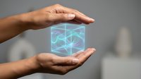 Hands protecting glowing digital cube with network connections representing data security, technology protection and cybersecurity concepts for business.