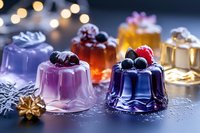 Colorful jelly desserts topped with fresh berries and fruits on dark background with bokeh lights, perfect for festive holiday table setting.