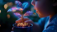 Magical glowing plant sprout with sparkles in pot at night, child blowing on luminescent leaves creating ethereal fantasy garden atmosphere.