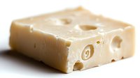 Fresh piece of Swiss cheese with characteristic holes on white background, macro shot showing detailed texture and creamy color of dairy product.
