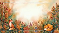 Autumn woodland frame with fox and sleeping cat surrounded by fall foliage, berries and warm colors on rustic wood background for seasonal designs.