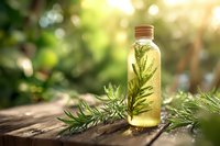 Herbal oil infusion bottle with fresh rosemary sprigs on wooden surface in natural sunlight for aromatherapy and wellness applications.