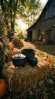 Rustic autumn farm scene with cast iron pots, orange pumpkins, corn stalks and weathered barn in golden sunlight for seasonal harvest decorating.