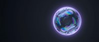 Glowing neon sphere with swirling holographic liquid inside, isolated on dark background for digital design, technology, and futuristic projects.