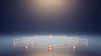 Glowing network nodes connected by luminous lines forming geometric pattern on reflective surface, representing digital connectivity, data communication, and technology infrastructure.