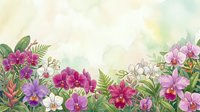 Watercolor tropical orchid garden border with pink, purple and white blooms on soft pastel background, copy space for text.
