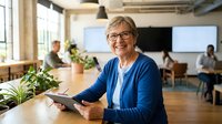 Happy senior businesswoman with glasses using tablet in modern coworking office space with colleagues working in background.