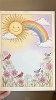 Cheerful sun and rainbow scene with wildflowers and birds in whimsical folk art style for children's book illustration or greeting card design.