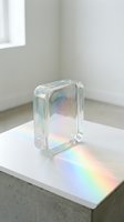 Iridescent glass block creating rainbow light refraction on white surface in minimalist interior space with natural window lighting for modern design concepts.