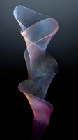 Abstract spiral wave form in pink and purple hues against dark background, featuring delicate mesh texture and flowing curved lines creating dynamic movement.