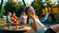 Young girl laughing with joy while swinging on playground equipment during sunny day. Happy childhood moments and outdoor recreation activities.