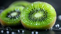 Fresh juicy kiwi fruit slices with water drops on dark background, extreme macro close up shot showing detailed texture and seeds in bright green flesh.