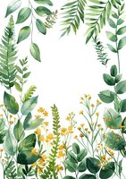 Watercolor botanical frame with green tropical leaves and yellow wildflowers on white background. Elegant floral border design for wedding invitations and cards.