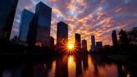 Modern skyscrapers silhouetted against dramatic sunset sky with sunburst between buildings, reflections in calm water create mirror effect. Urban cityscape at dusk.