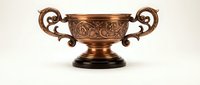 Ornate bronze trophy cup with decorative handles and floral engravings on wooden base isolated on white background for awards ceremonies and competitions.