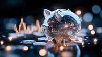 Transparent piggy bank filled with glowing cityscape and financial charts, surrounded by bokeh lights and coins on dark surface for finance, savings, investment and wealth management concepts.