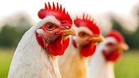 Close up portrait of white rooster with bright red comb and wattles in natural farm setting, with two other chickens blurred in background creating depth of field.