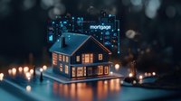 Glowing house model with digital mortgage data and financial graphs floating above in blue holographic style against dark background with bokeh lights.