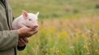 Young pink piglet held in farmer's hands against blurred green field background. Livestock farming, animal husbandry, and agricultural industry concept for rural business.